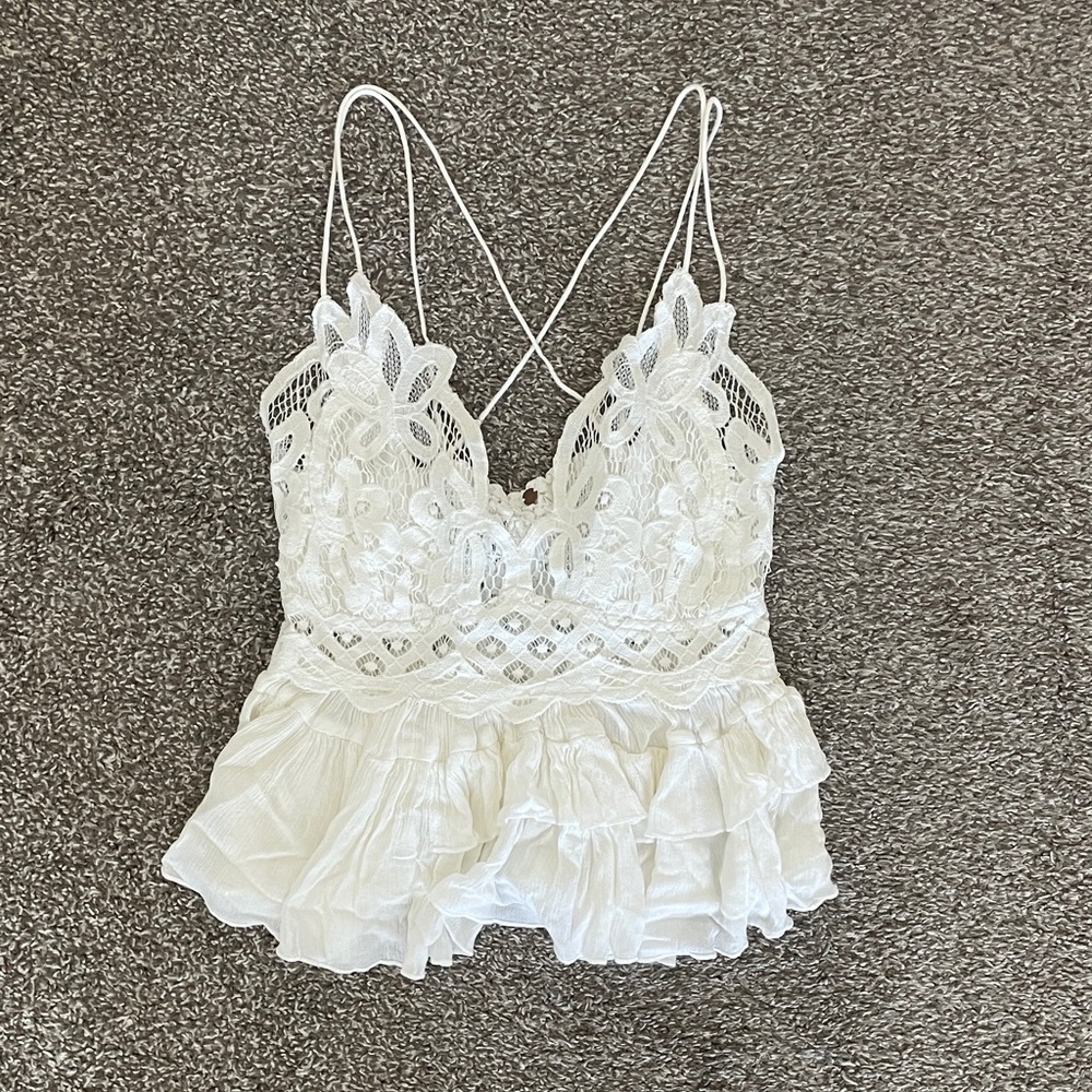 Free People White Lace Ruffle Tank Top